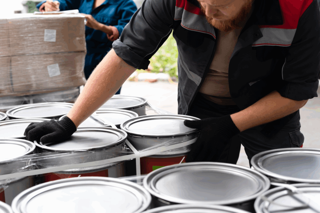 worker handling industrial buckets of liquid rubber waterproof sealant during bulk sourcing and packaging
