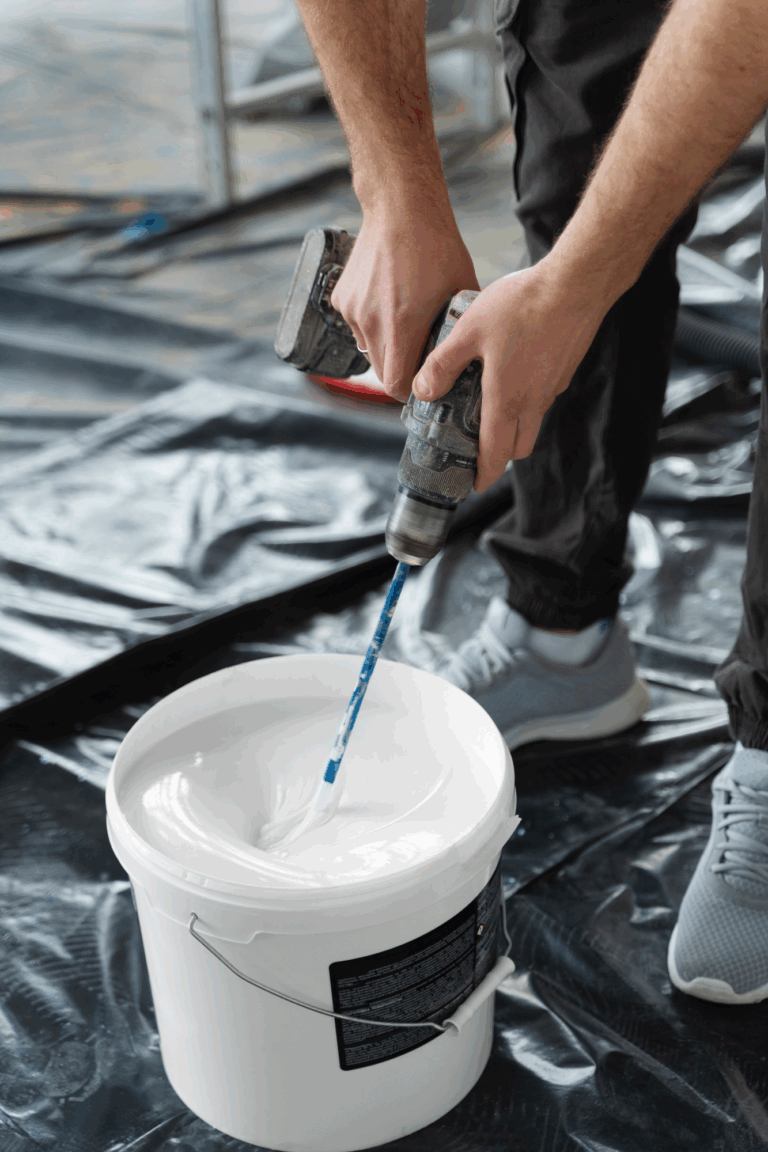 bucket with waterproof sealant is mixed with drill attachment for softening
