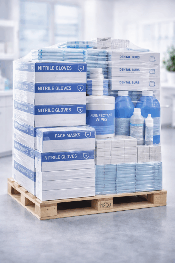 Pallet loaded with mixed bulk dental supplies including nitrile gloves, face masks, disinfectant wipes, dental burs, and cleaning solutions, representing high-volume purchasing and dental supply cost reduction strategies.