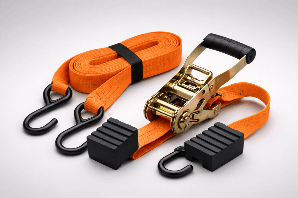 Heavy-duty orange ratchet tie-down strap with steel ratchet mechanism, S-hooks, and black rubber anti-slip blocks on a white background.