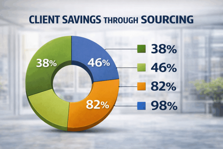 Statistics diagram for We Find Supply showing client savings through sourcing with highlighted savings percentages of 38%, 46%, 82%, and 98% in a clean infographic design.