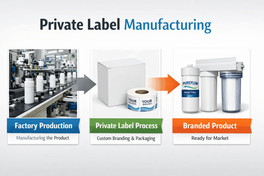 private label manufacturing process from factory production to branded water filter product
