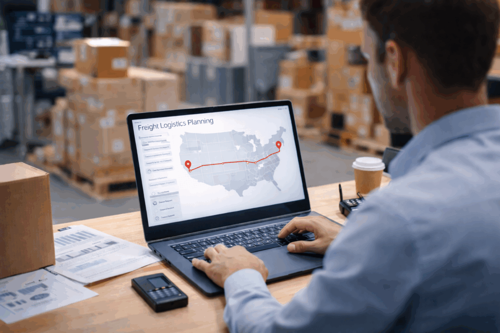 Logistics manager planning a freight route across the United States to help save money on freight shipping.