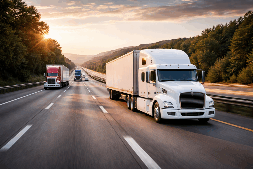 Freight trucks transporting goods across the highway representing long-distance logistics and how businesses can save money on freight shipping.