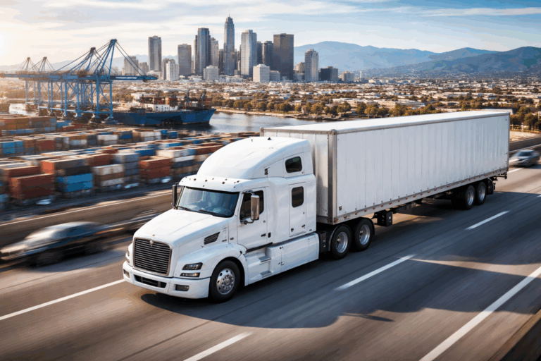 Freight truck transporting goods from West Coast to East Coast demonstrating how businesses can save money on freight shipping.